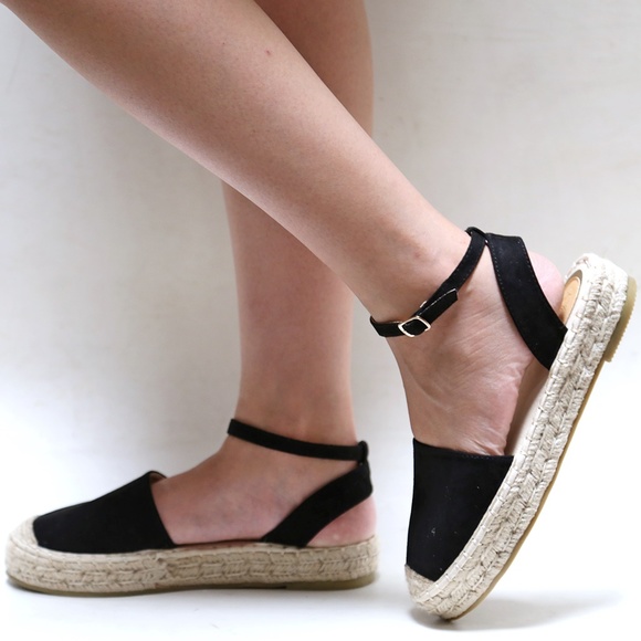 Black Mary Jane Flatform Espadrille Sandals - Picture 2 of 5
